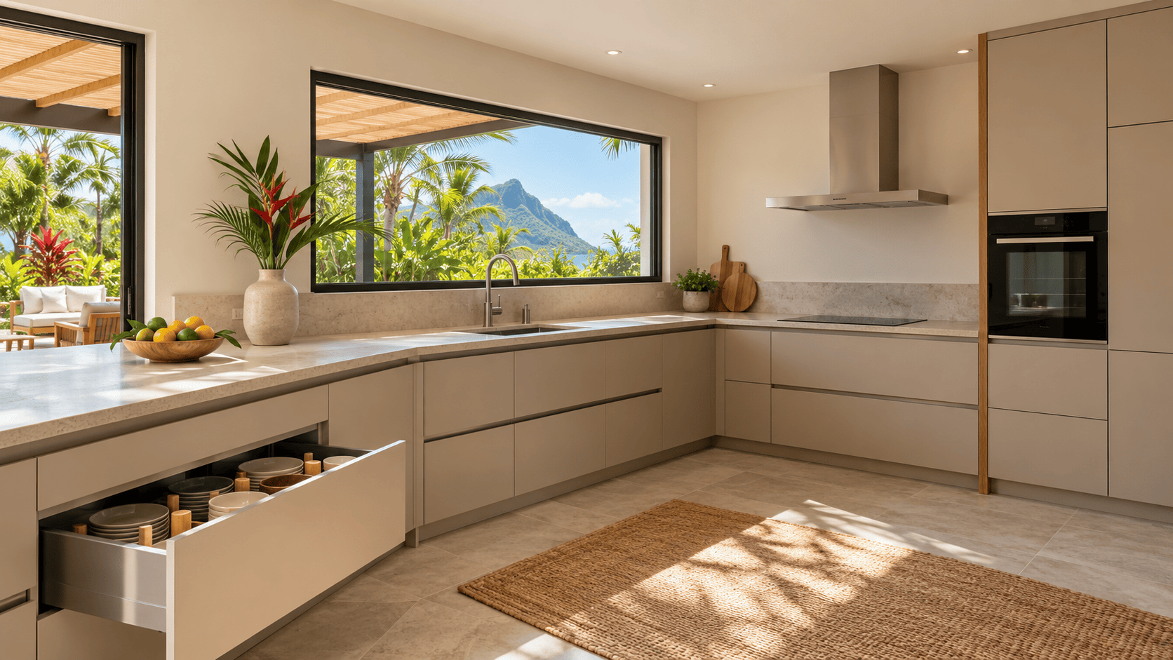 Cuisine sans meubles hauts à La Réunion : Comment garder assez de rangement