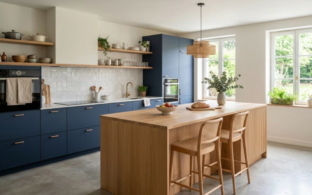 Cuisine bleue et bois : Associez élégance et chaleur dans votre aménagement